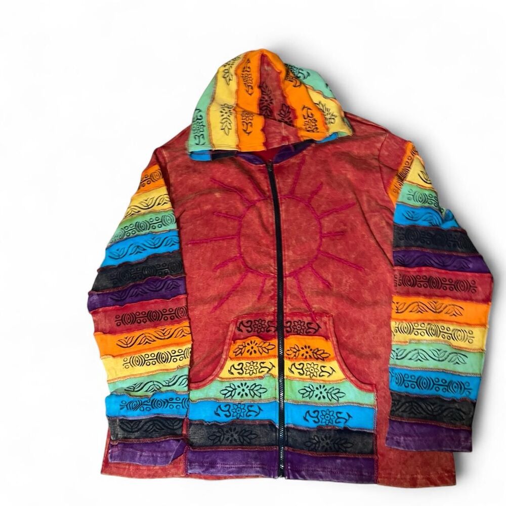 Women's Red and Rainbow Embroidered Floral Sun Zip Up Hoodie SZ 2X